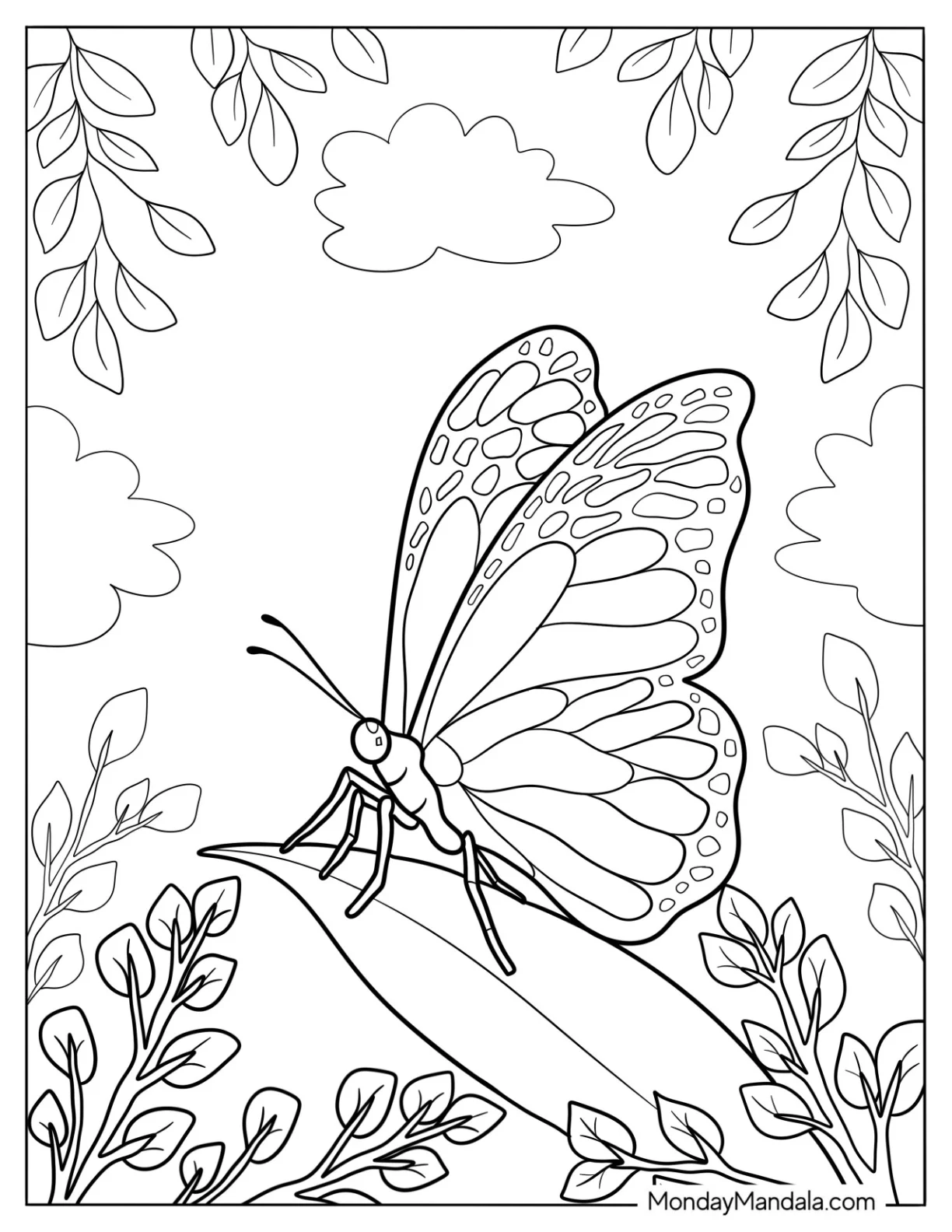 Realistic Butterfly Perched On A Leaf In Spring coloring page — printable line art