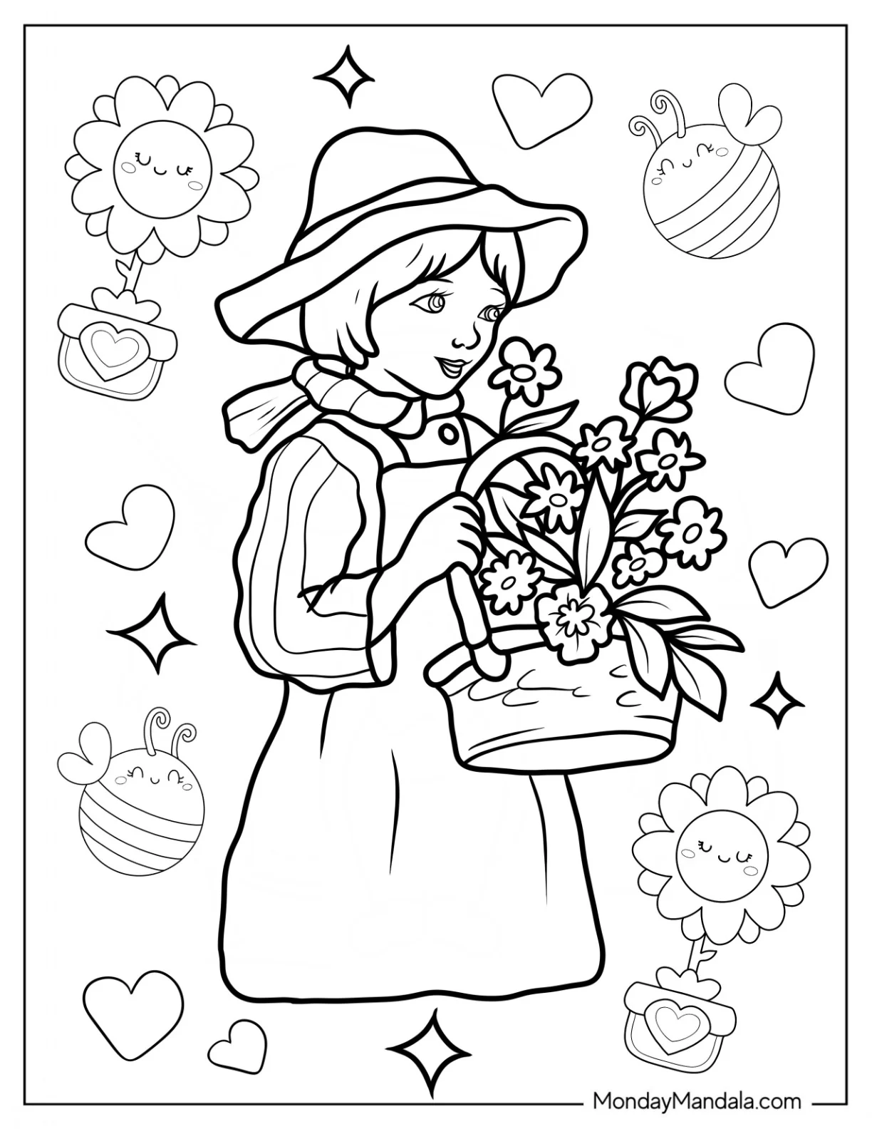 Realistic Little Girl Holding Basket Of Spring Coloring Page Flowers coloring page — printable line art