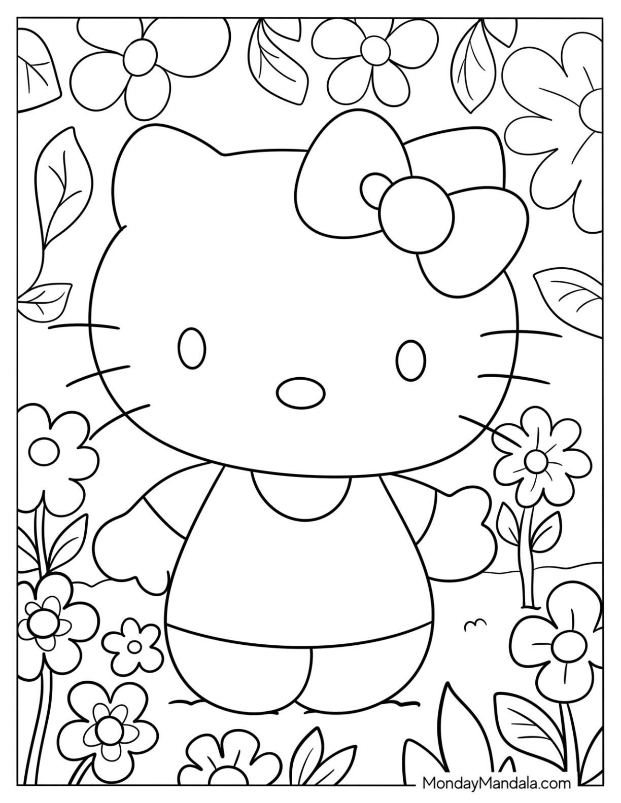 Simple Hello Kitty Surrounded By Daisies Coloring Page For Kids coloring page — printable line art