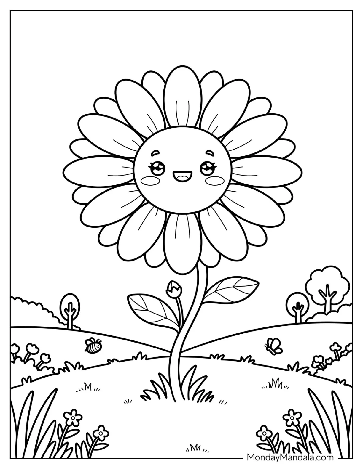 Smiling Daisy in a Spring Meadow Coloring Page for Kids coloring page