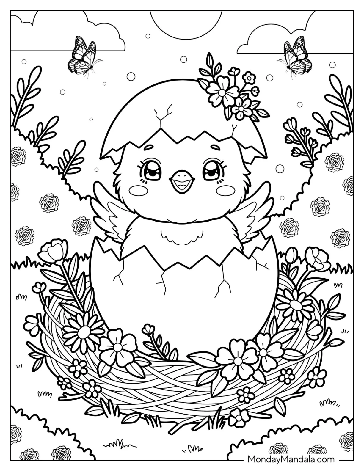 Spring Chick Hatching in a Flower Nest Coloring Page coloring page