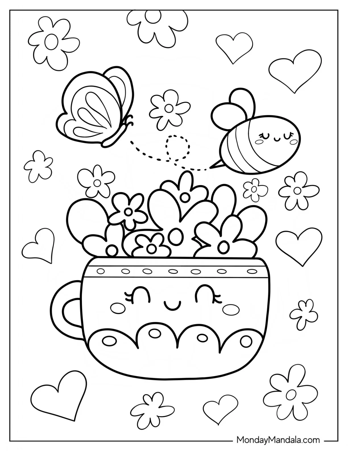 Spring Coloring Page Kawaii Flower Pot With Bee And Butterfly For Kids coloring page — printable line art