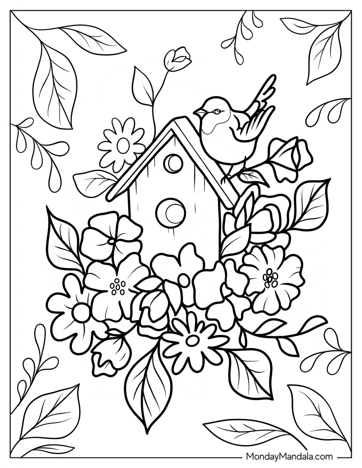 Spring Coloring Page Of Bird House With Flowers And Bird coloring page