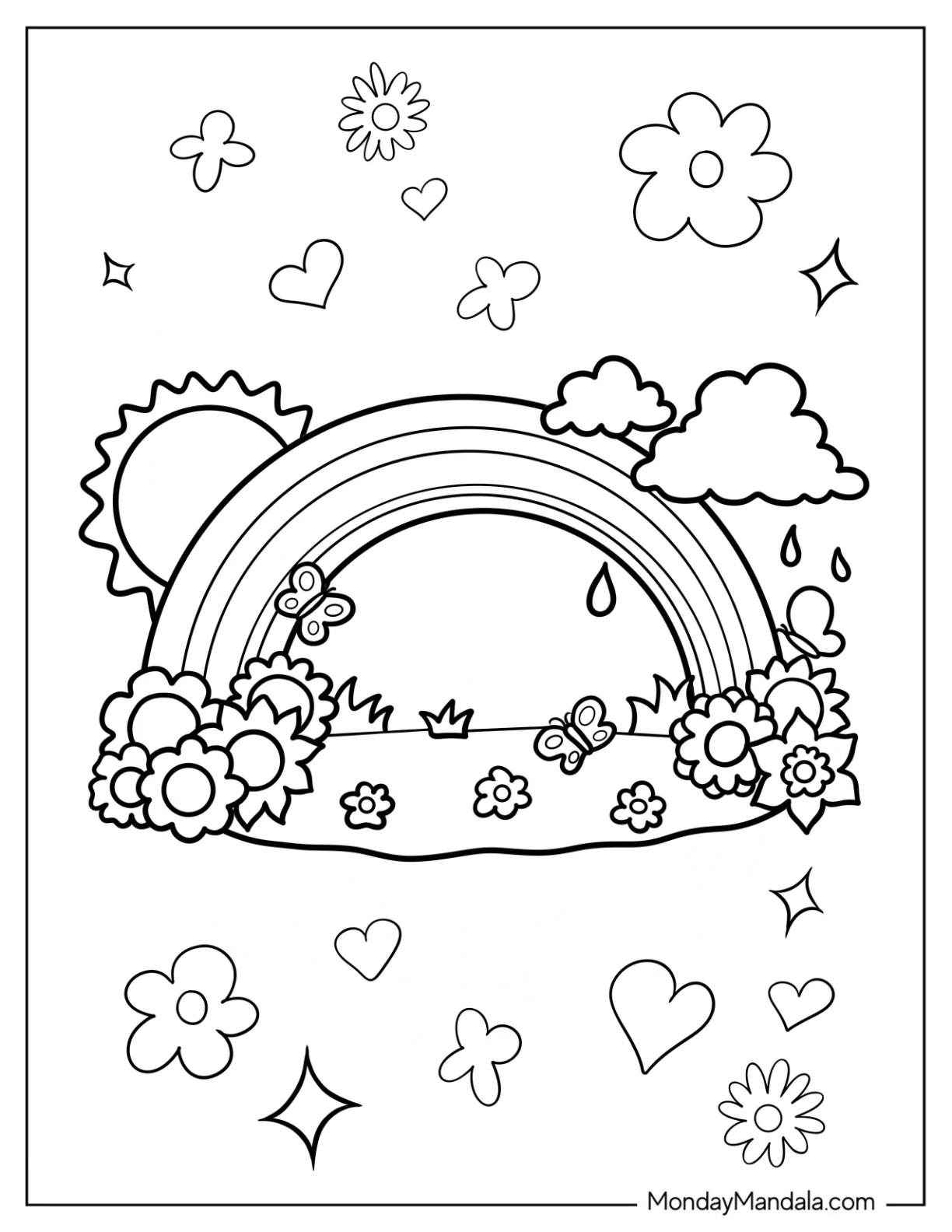 Spring Coloring Page Sun, Rainbow And Flower Field For Preschoolers coloring page — printable line art