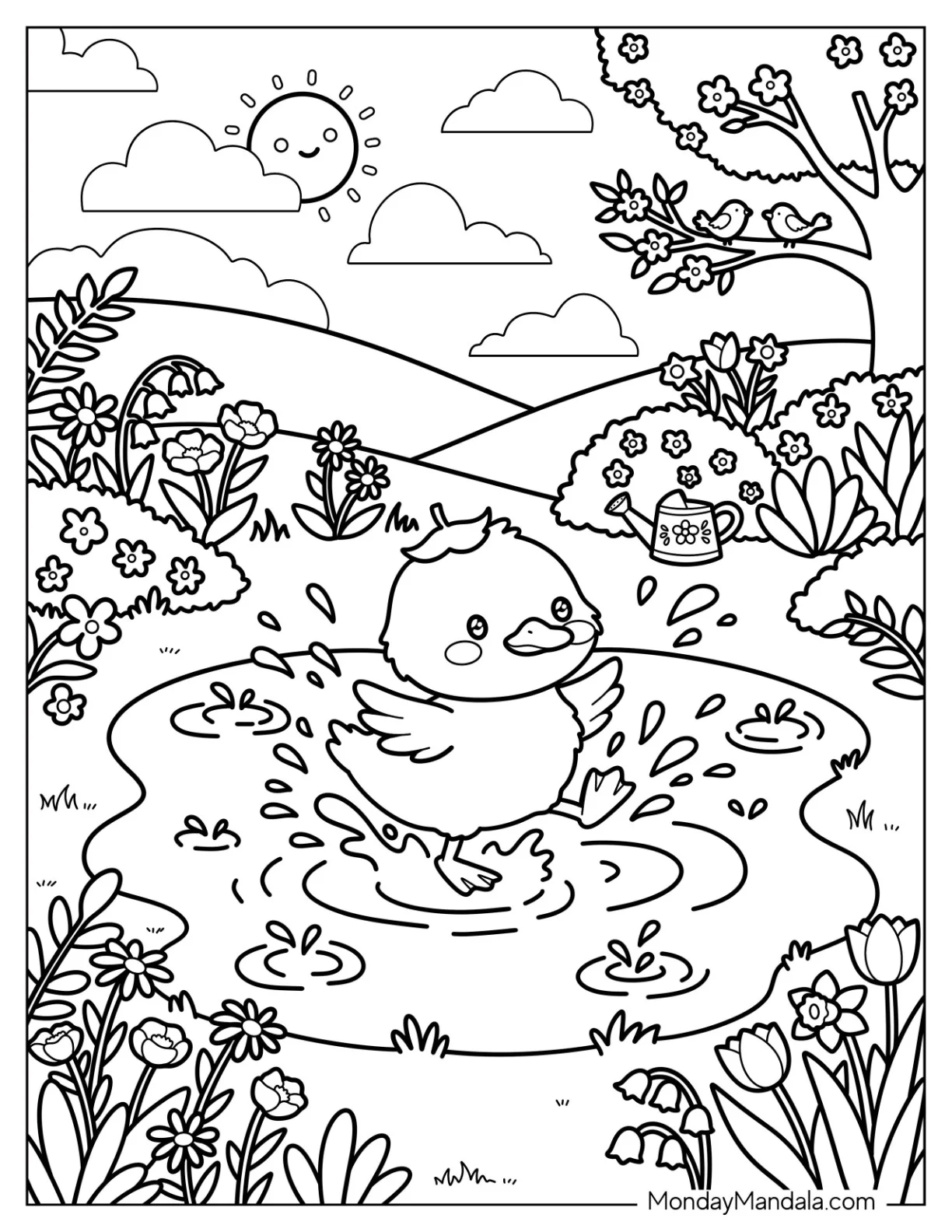Spring Duckling Splashing in a Pond Coloring Page coloring page
