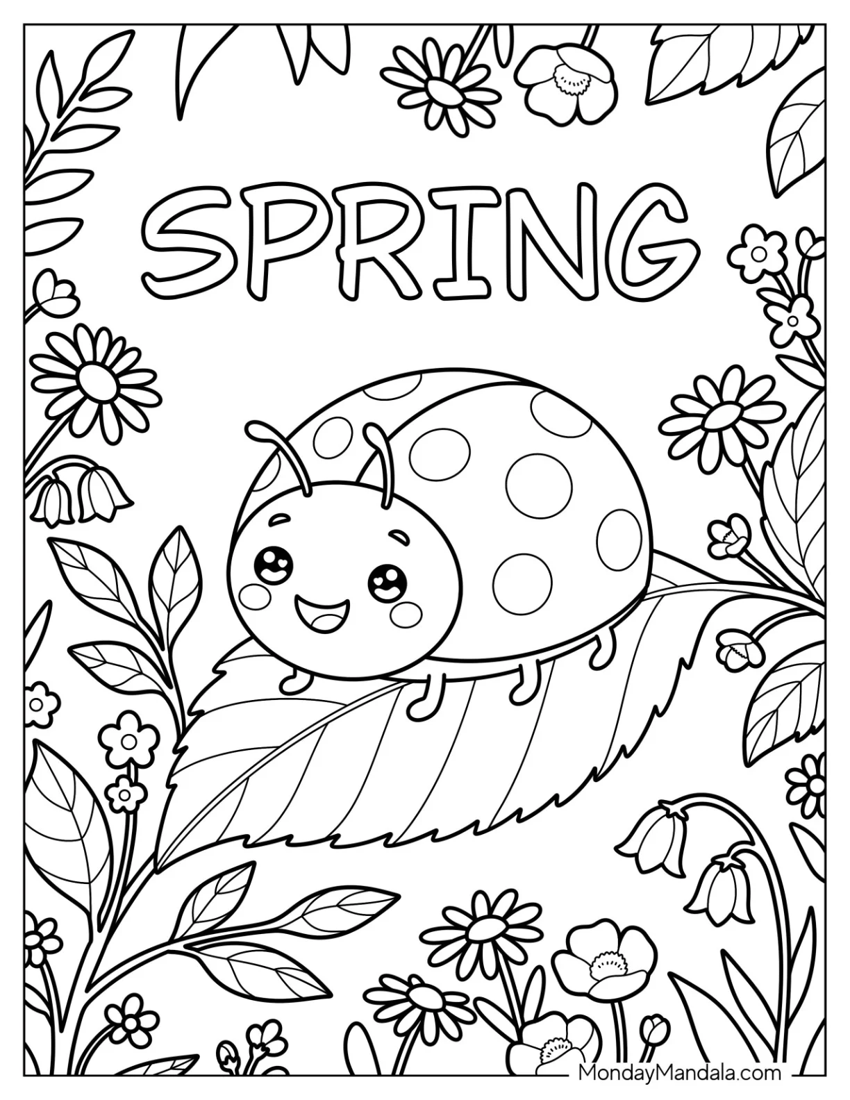 Spring Ladybug Resting on a Leaf Coloring Page for Kids coloring page