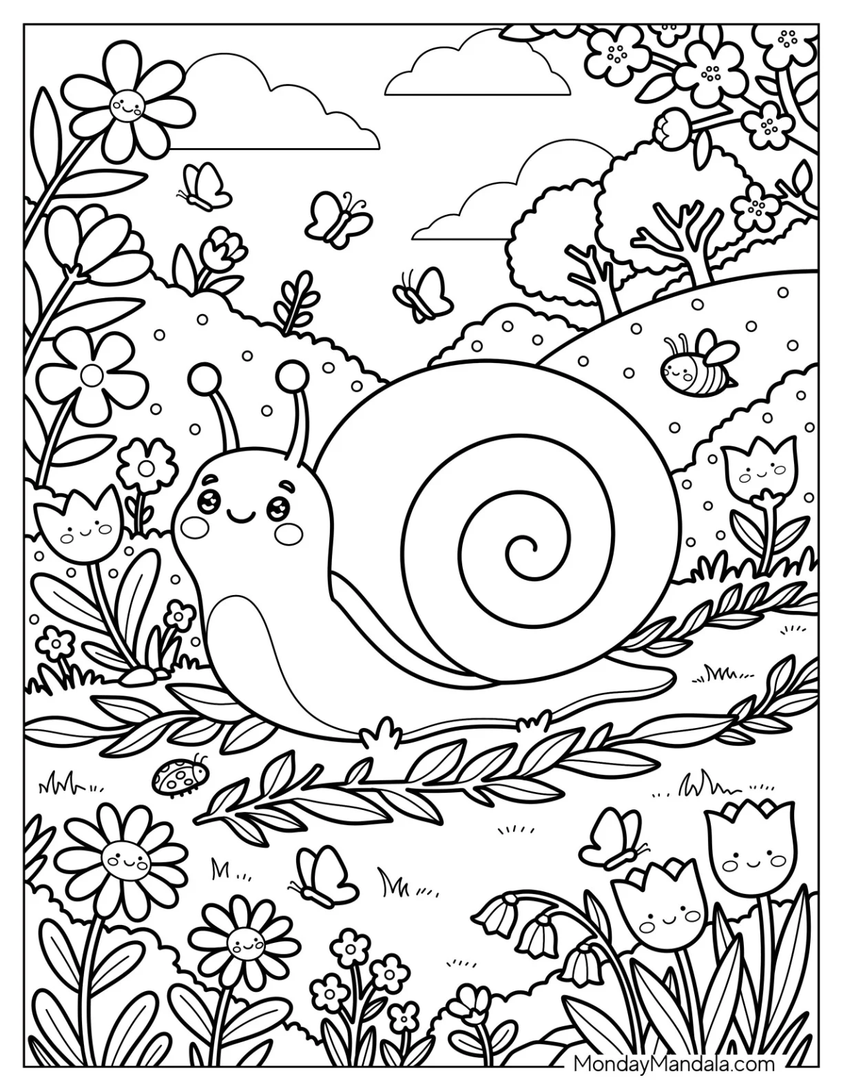 Spring Snail Crawling Through a Flower Meadow Coloring Page coloring page — printable line art