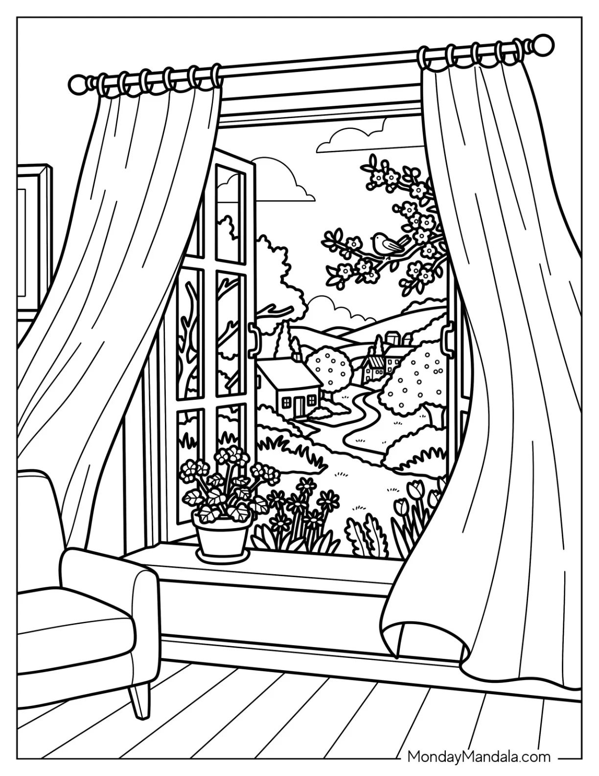 Spring View Through an Open Window coloring page