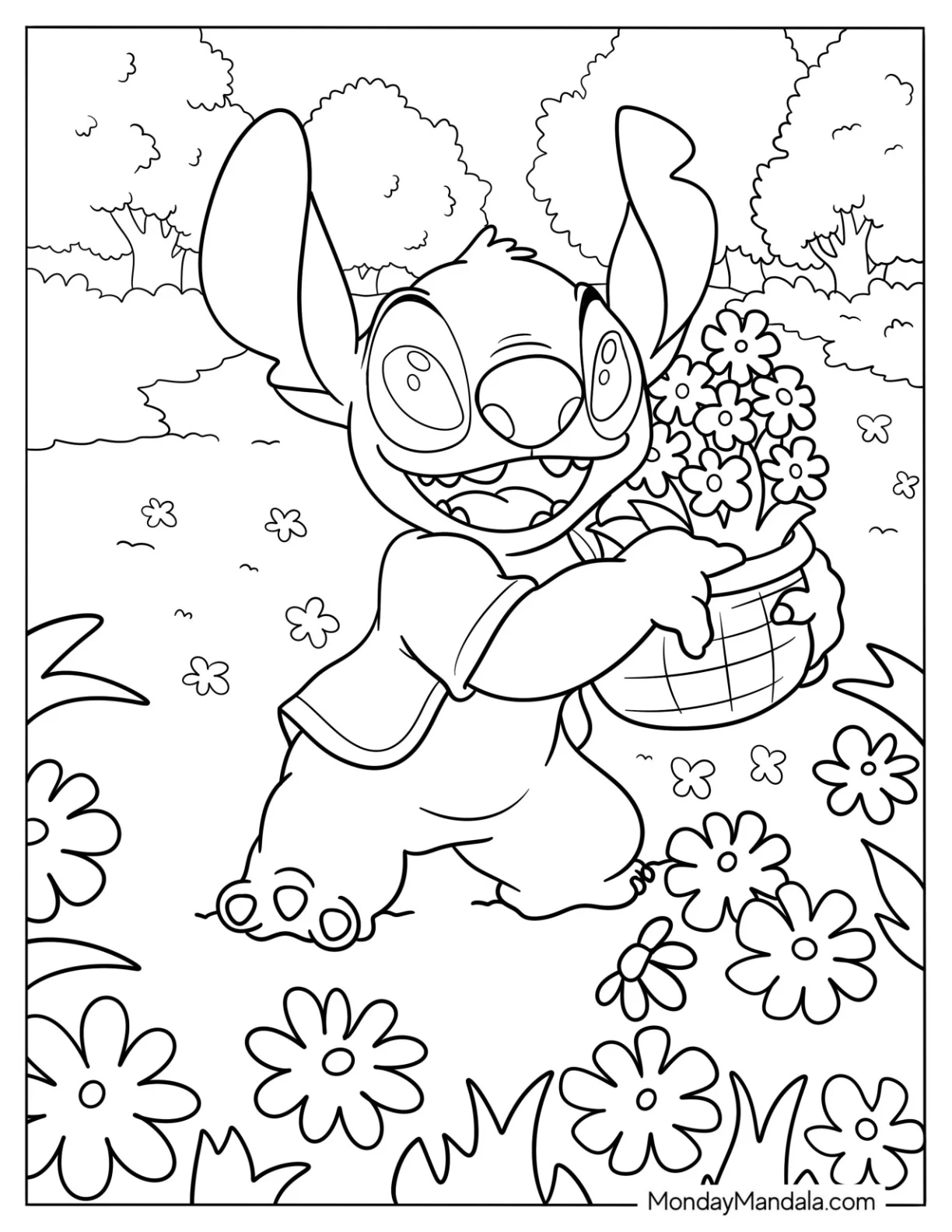Stitch Carrying A Basket Of Flowers In Spring Coloring Page For Kids coloring page