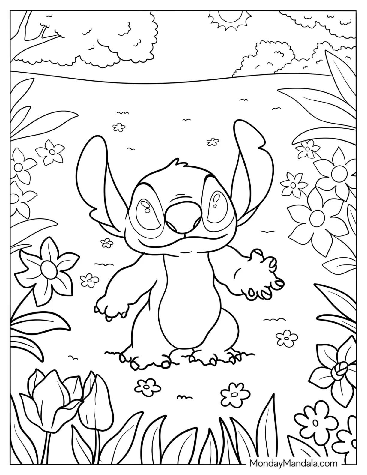 Stitch Smiling At Flowers In Spring Coloring Page coloring page — printable line art