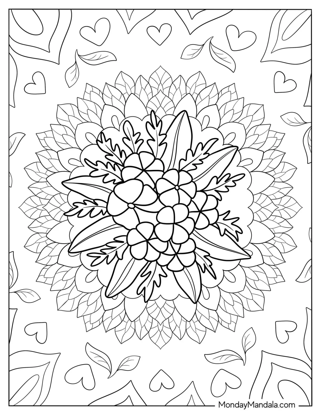 Top View Of Spring Flower With Tons Of Leaves coloring page — printable line art