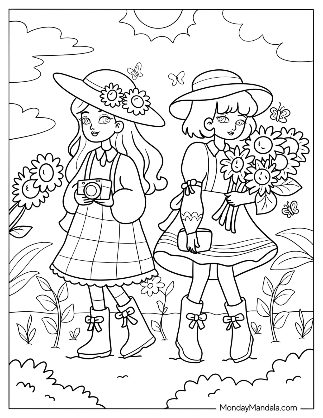 Two Little Girls Harvesting Flowers In Spring Coloring Page For Kids coloring page — printable line art