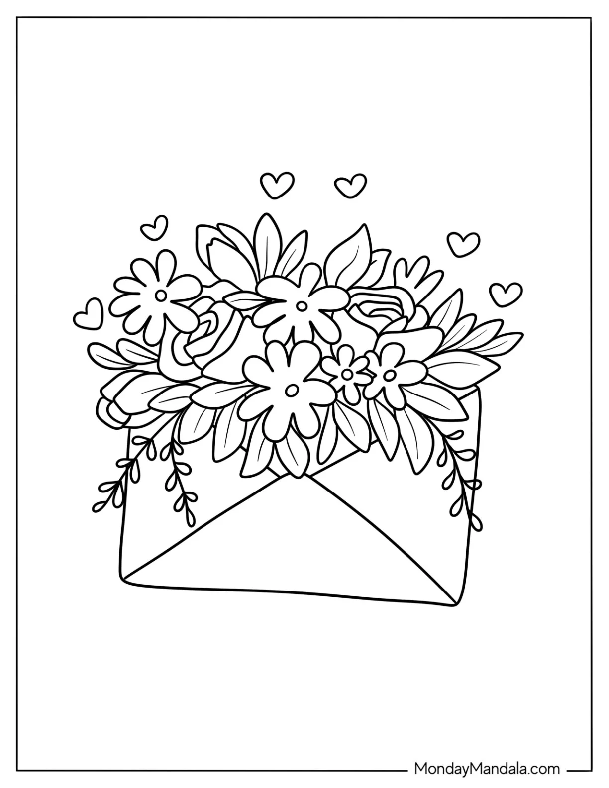 Wildflowers Bursting From An Envelope In Spring Coloring Sheet For Kids coloring page