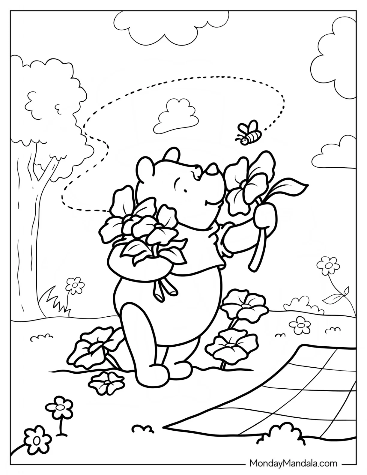 Winnie The Pooh Smelling Spring Coloring Page Flowers For Kids coloring page — printable line art