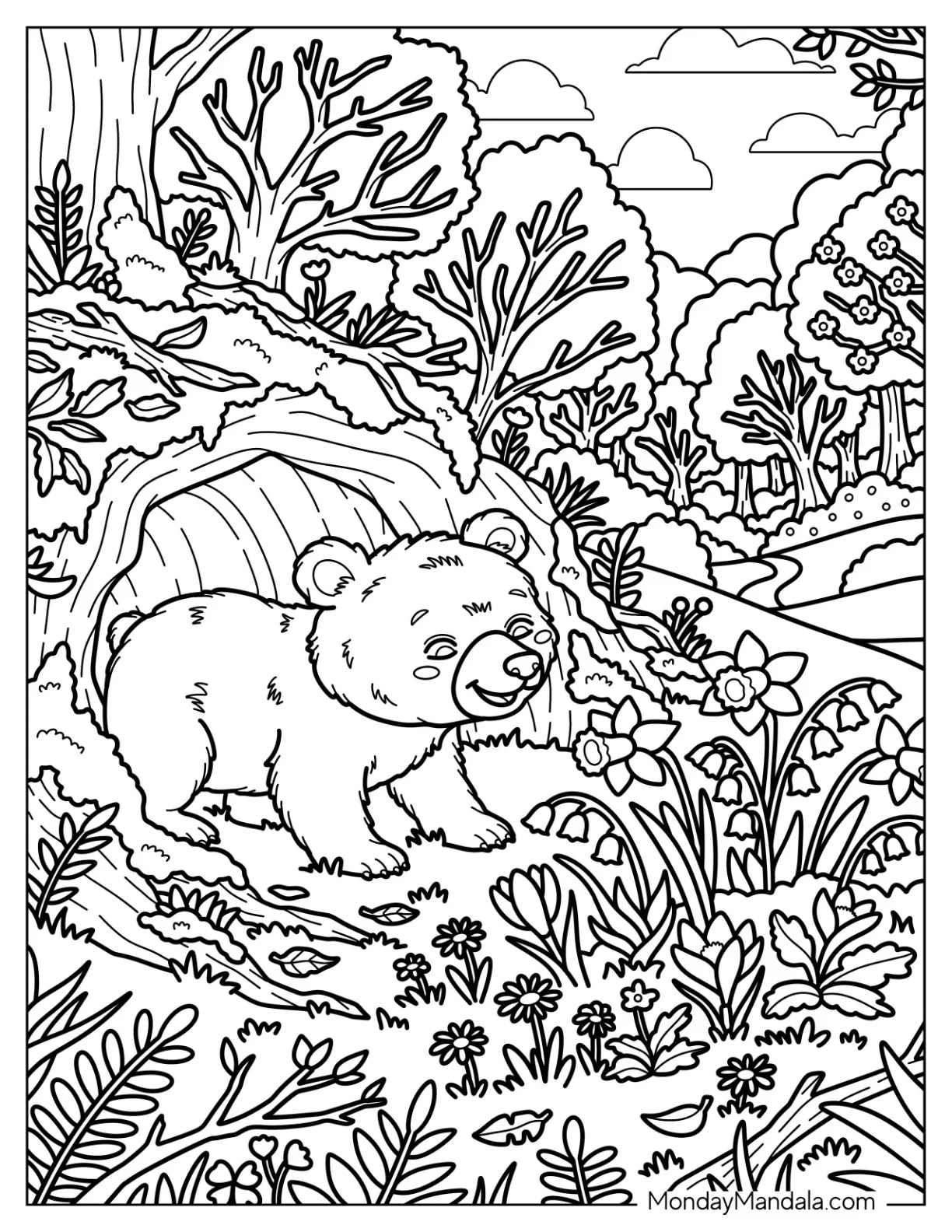 Young Bear Sniffing Flowers in the Woods in Spring Coloring Page coloring page