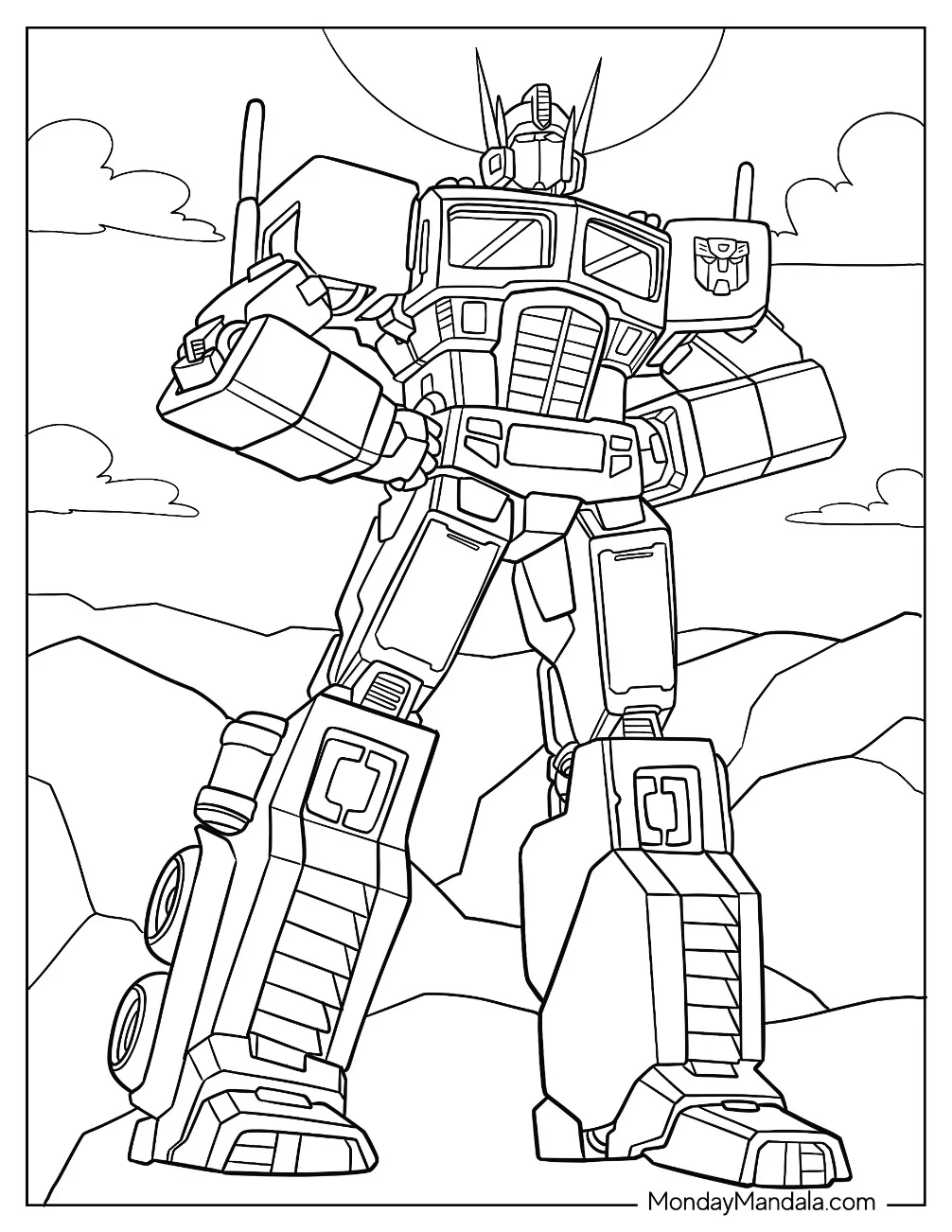 Autobot Optimus Prime Coloring Page Looking Out At Desert coloring page