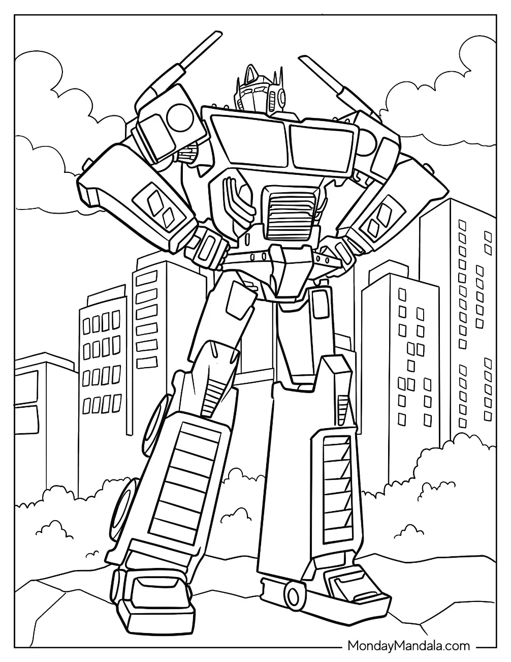Cartoon Optimus Prime Coloring Page In The City coloring page