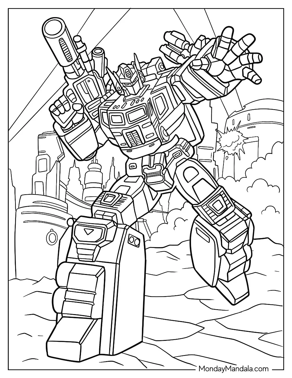 Detailed Optimus Prime Coloring Page With His Ion Blaster coloring page