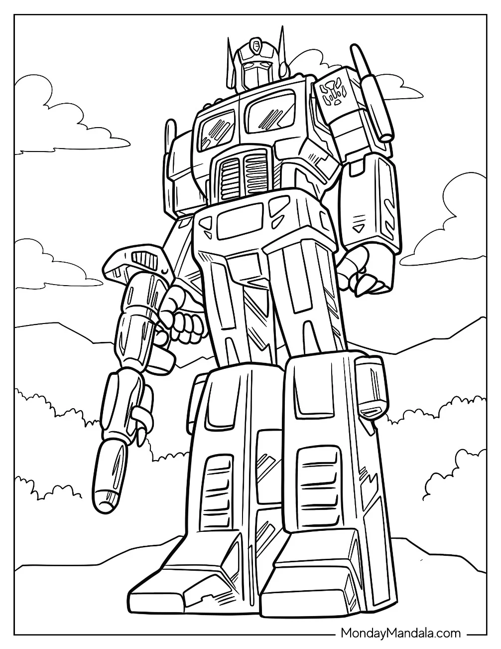 Easy Cartoon Optimus Prime Coloring Page Holding Ion Blaster coloring page