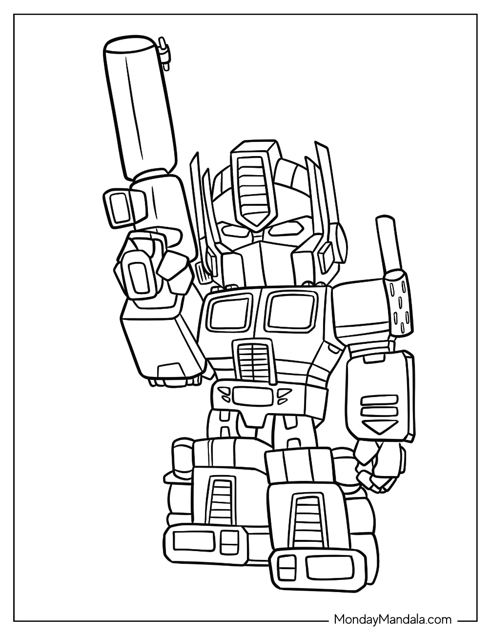 Kawaii Chibi Optimus Prime Coloring Page Holding Ion Blaster For Preschoolers coloring page