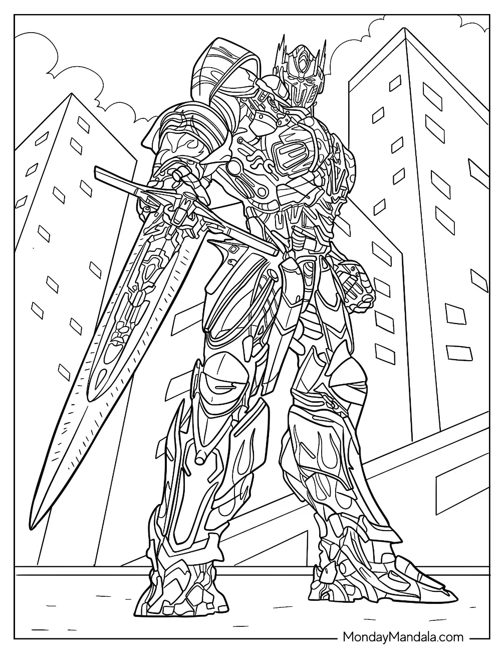 Realistic Optimus Prime Coloring Page Holding Sword Of Judgement coloring page