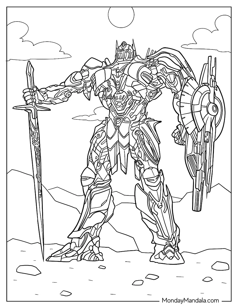 Regal Optimus Prime Coloring Page With Shield And Sword Of Judgement coloring page