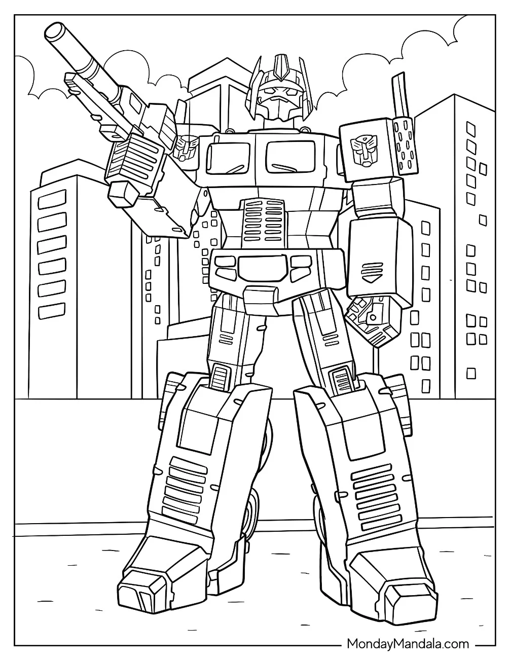 Simple Optimus Prime Coloring Page Outline With Ion Blaster In City coloring page