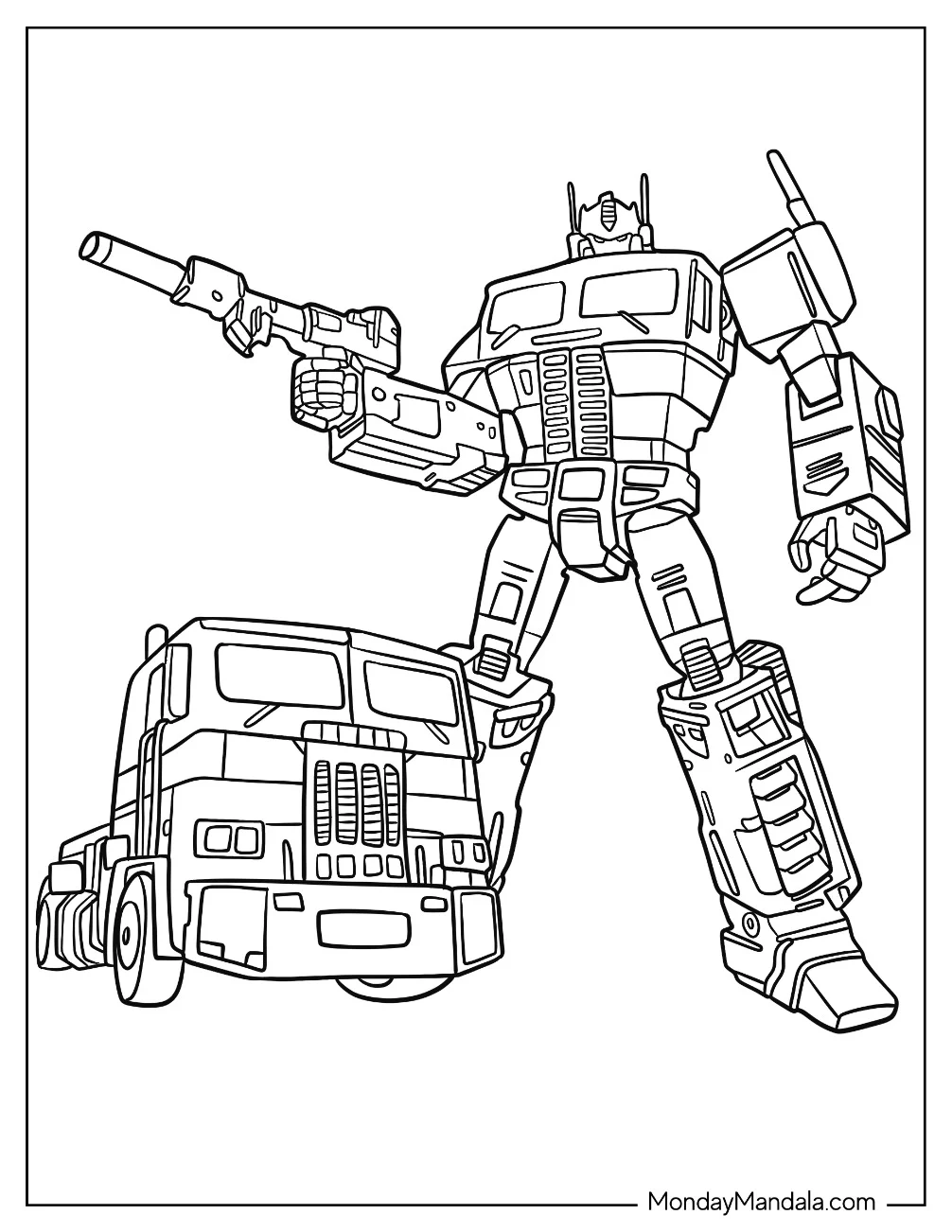 Simple Outline Of Optimus Prime Coloring Page In Autobot And Truck Form For Kids coloring page