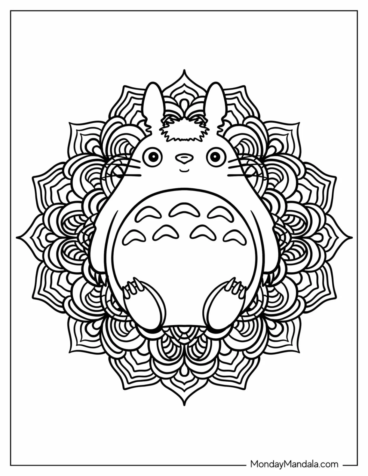 Adorable Totoro Coloring Page In The Middle Of A Flower Mandala coloring page