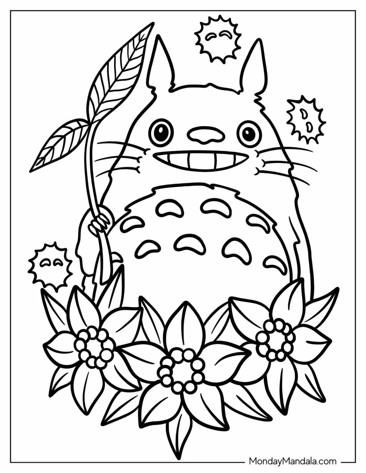 Easy Totoro Coloring Page With Dust Bunnies Holding Up A Leaf coloring page — printable line art