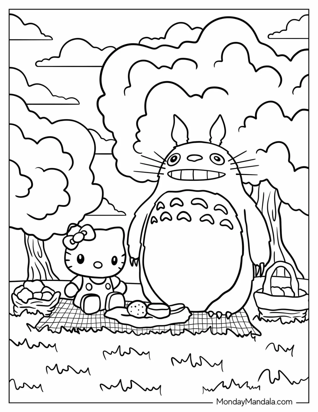 Hello Kitty Having A Picnic With Totoro Coloring Page coloring page — printable line art