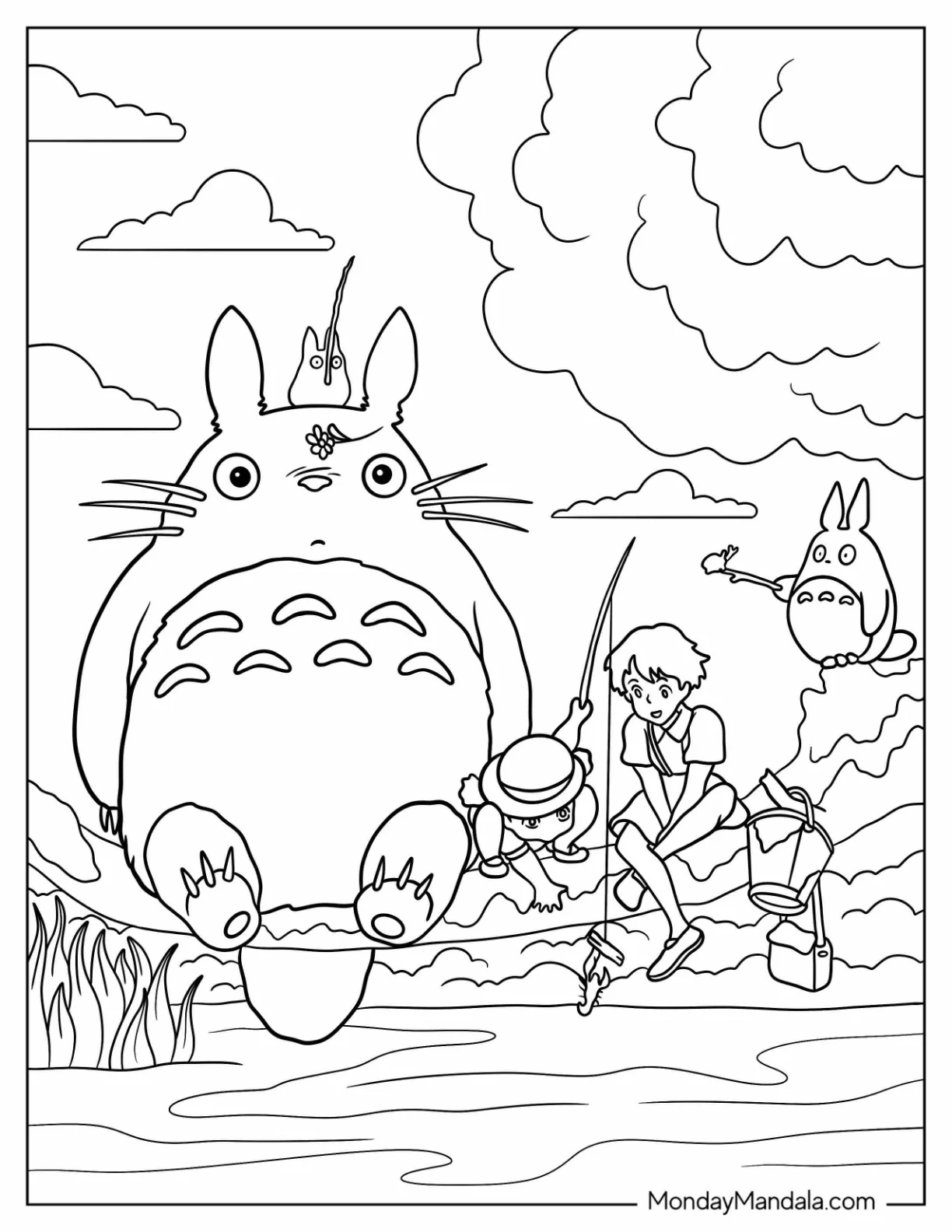 Iconic Totoro Coloring Page Fishing With Mei And Satsuki Over The River coloring page