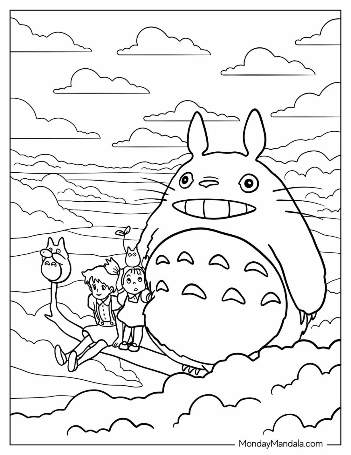 Mei And Satsuki Sitting With Totoro Coloring Page In A Forest coloring page — printable line art