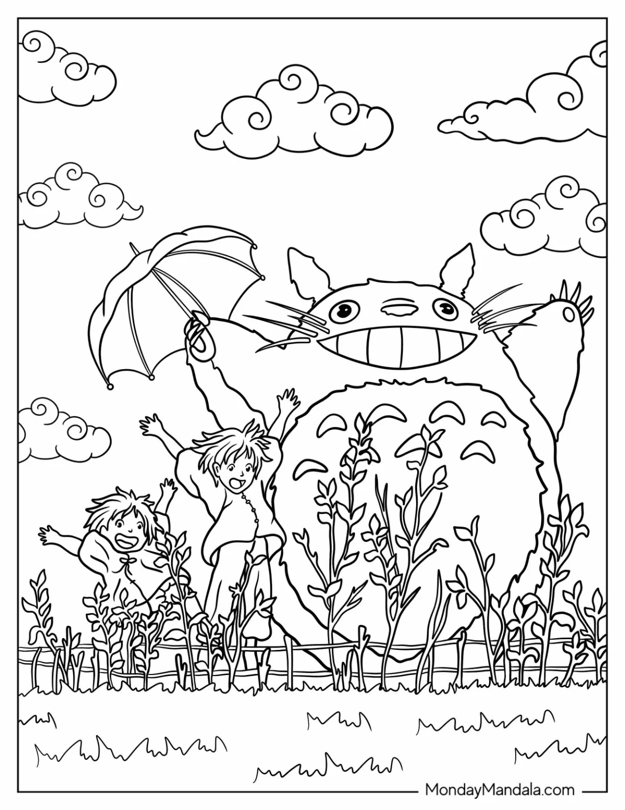 Mei, Satsuki, And Totoro Coloring Page With Their Hands Up In The Air coloring page