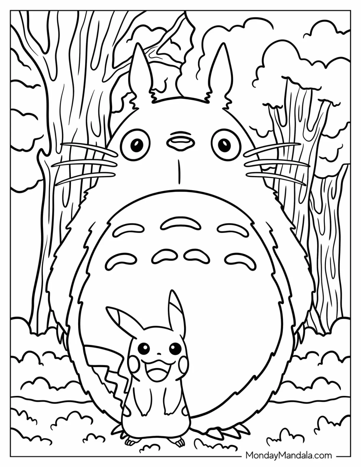 Pikachu Standing In The Forest With Totoro Coloring Page coloring page