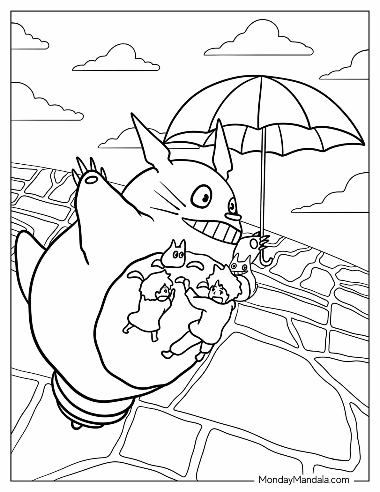 Satsuki And Mei Clinging To Totoro Coloring Page coloring page — printable line art
