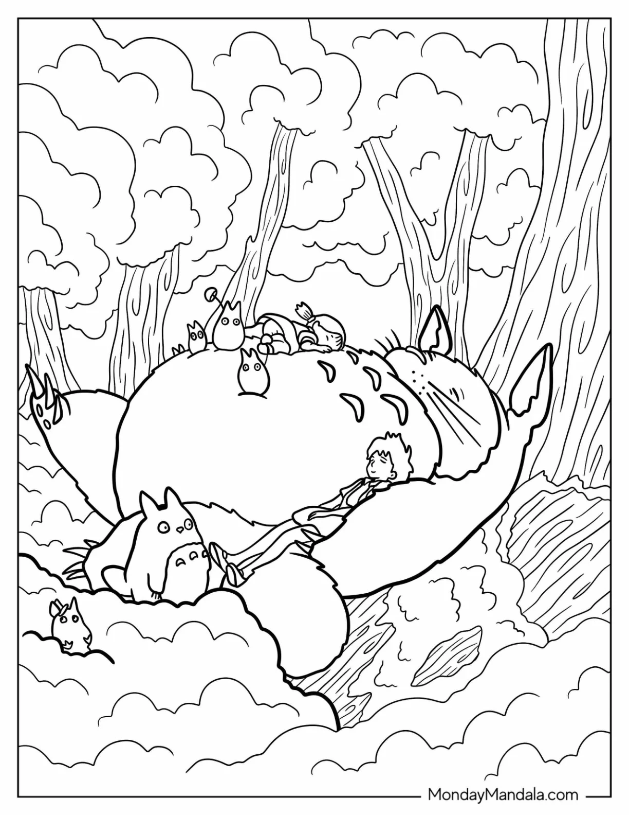 Satsuki And Mei Sleeping On Totoro Coloring Page In The Forest coloring page — printable line art