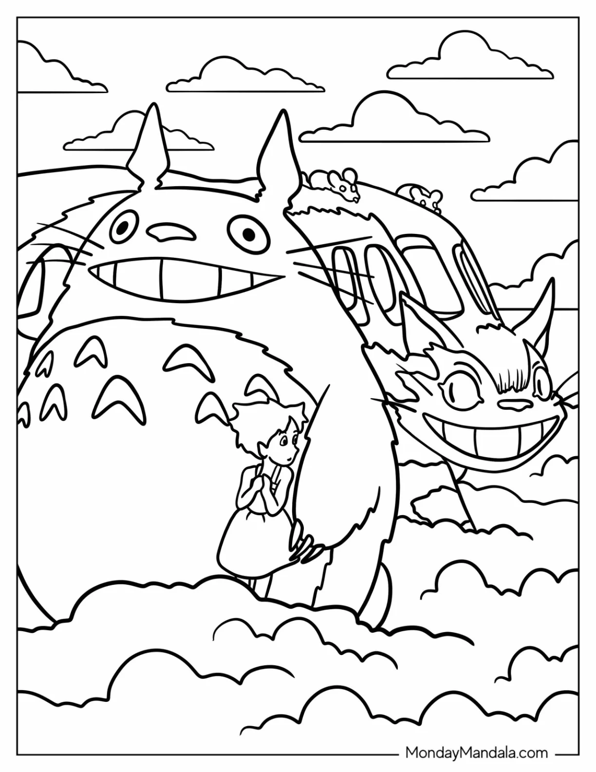 Satsuki Glancing Back At The Catbus Behind Totoro Coloring Page coloring page — printable line art