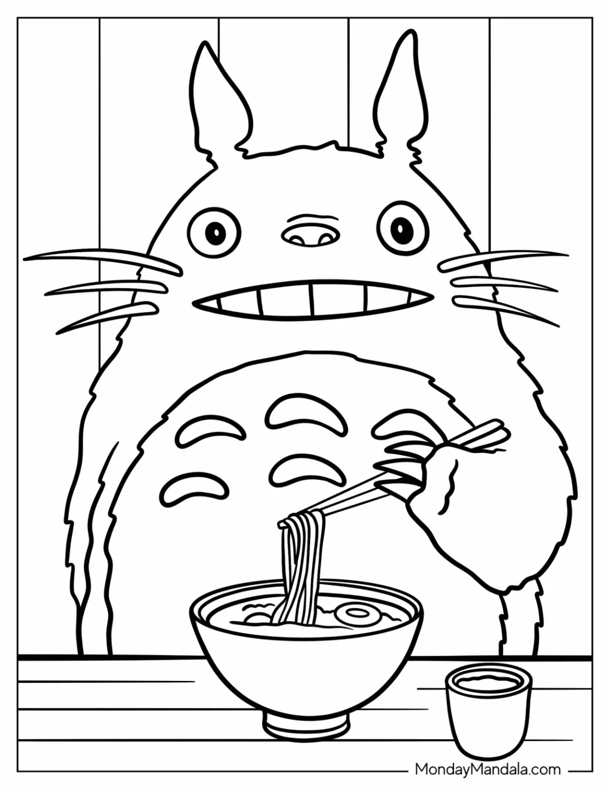 Simple Totoro Coloring Page Eating A Ramen For Kids coloring page — printable line art