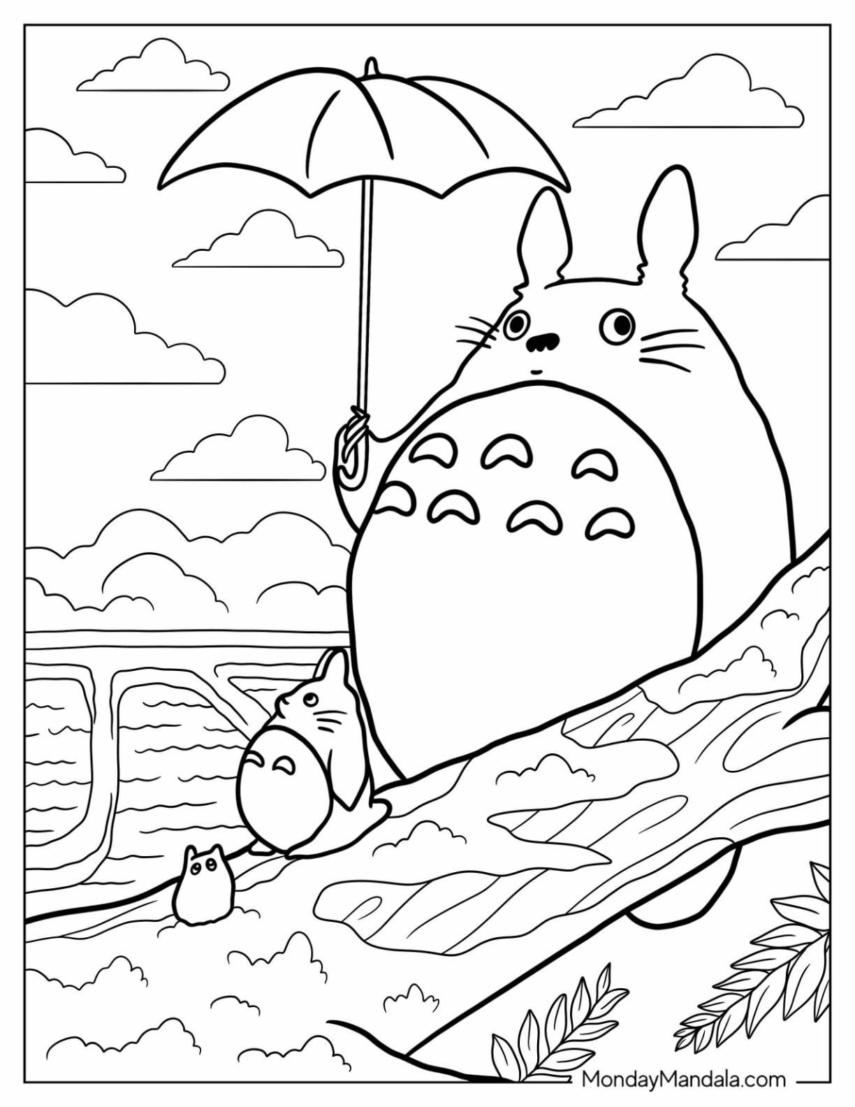 Simple Totoro Coloring Page Holding Up Umbrella Beside Tree coloring page
