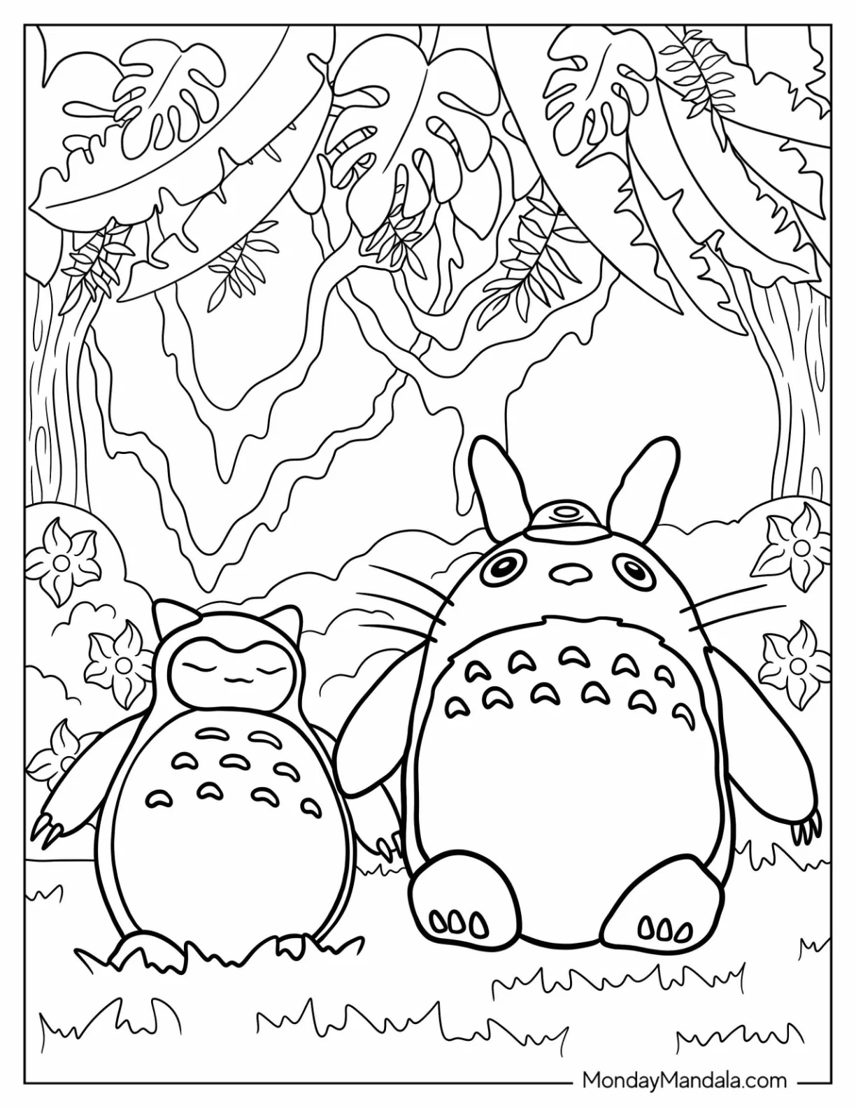 Snorlax And Totoro Coloring Page Napping In The Forest coloring page