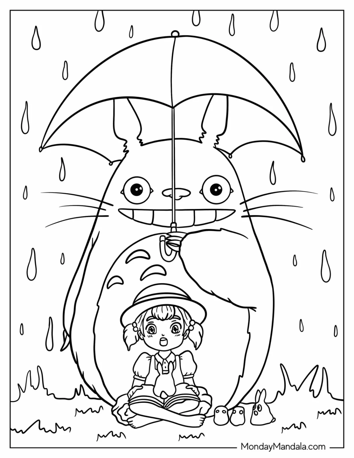 Totoro Coloring Page And Mei Kusakabe Under Umbrella In The Rain coloring page — printable line art