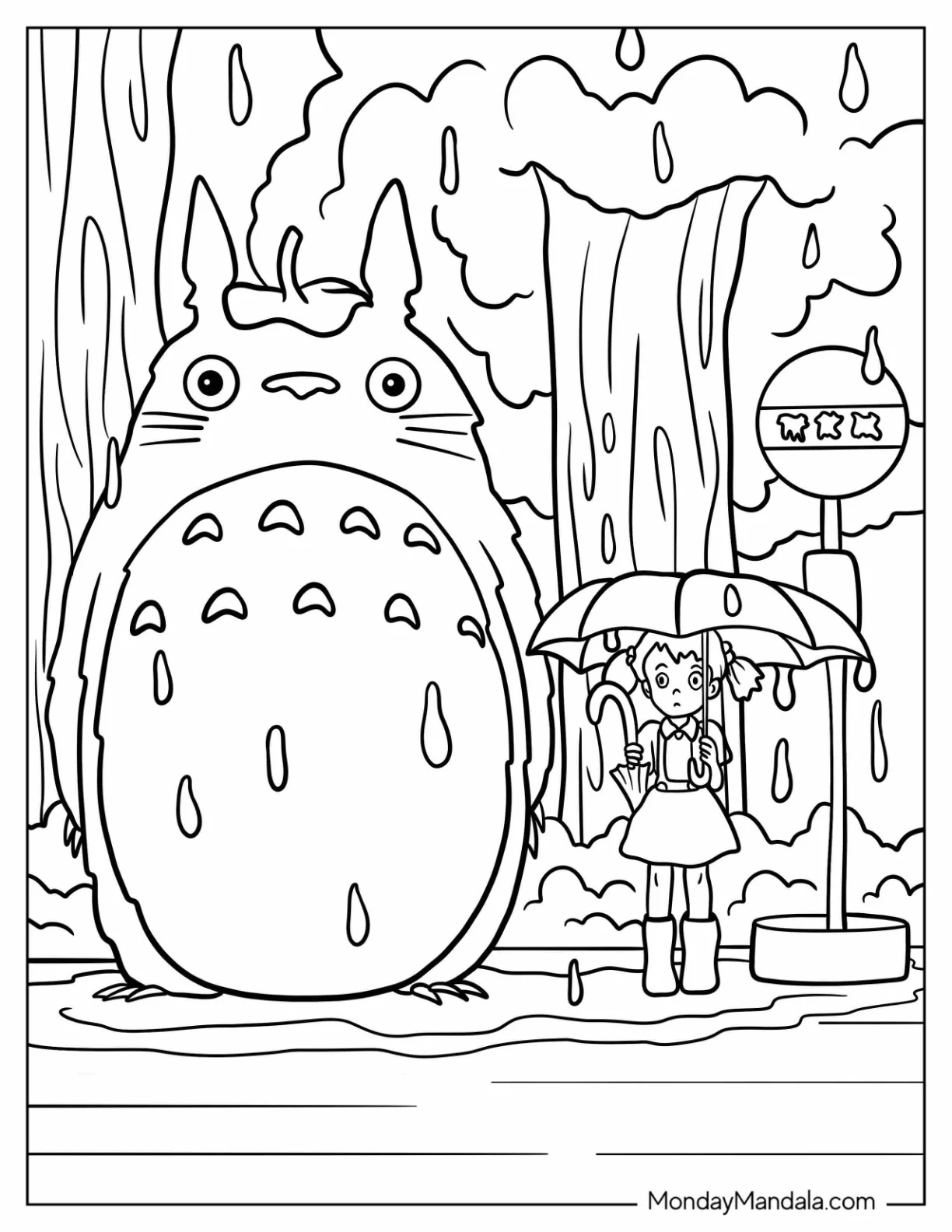 Totoro Coloring Page And Satsuki At The Bus Stop For Kids coloring page