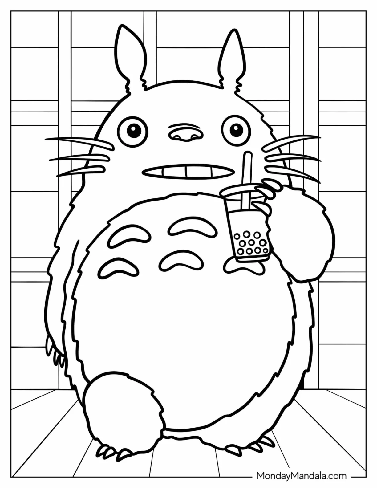 Totoro Coloring Page Drinking Boba Tea For Kids coloring page