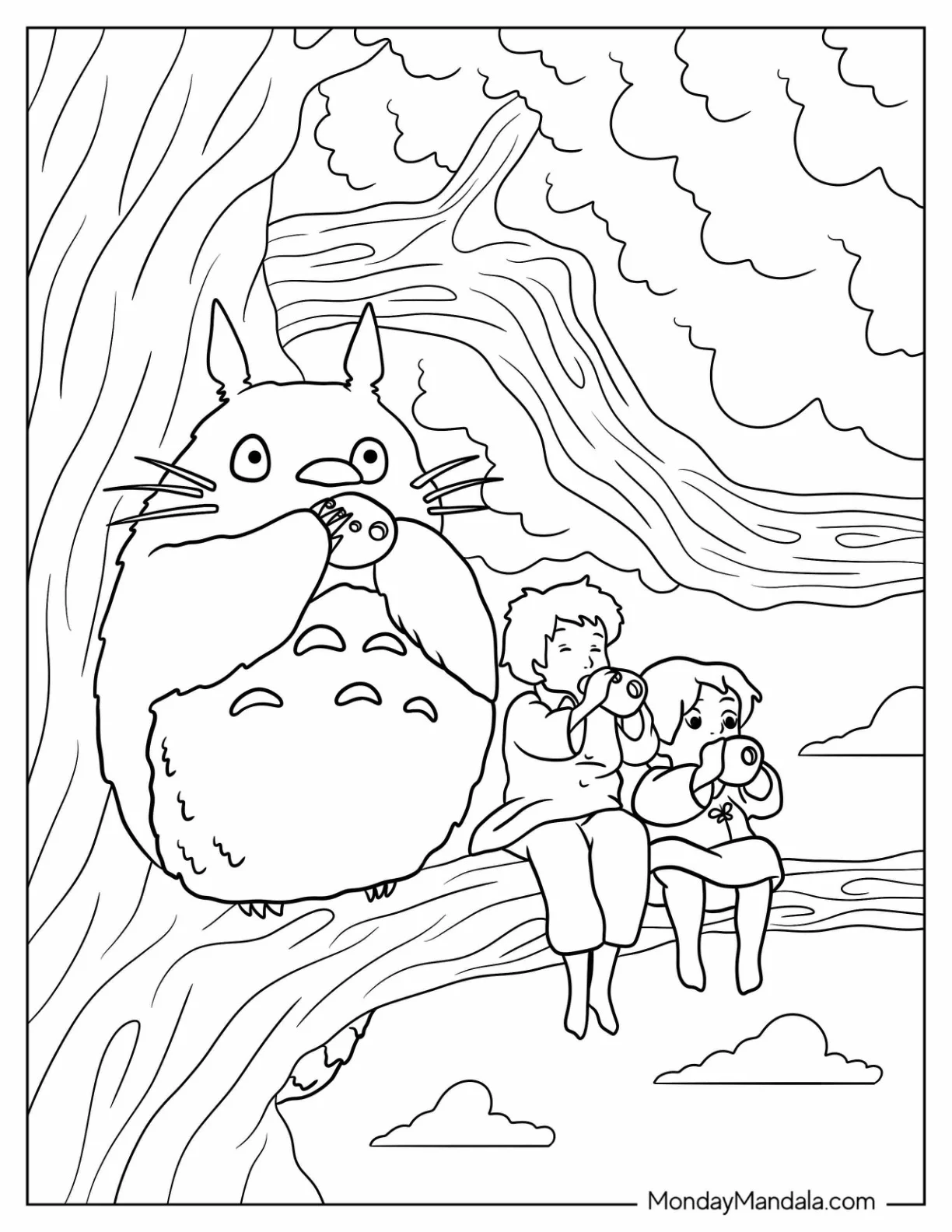 Totoro Coloring Page Eating With Satsuki And Mei On A Tree coloring page