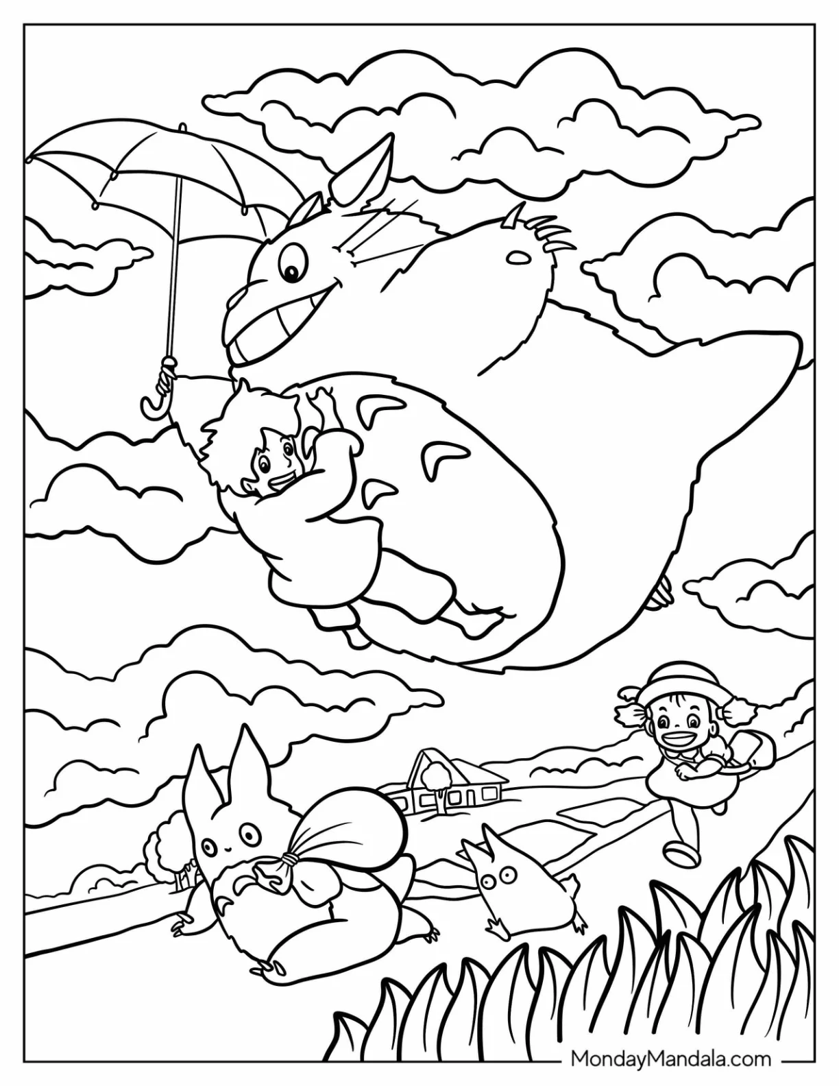 Totoro Coloring Page In The Air With Satsuki Clinging To Its Stomach coloring page