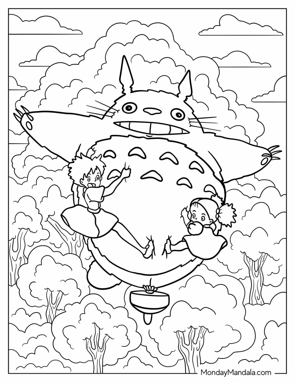 Totoro Coloring Page Of Leaping In The Air With Mei And Satsuki coloring page