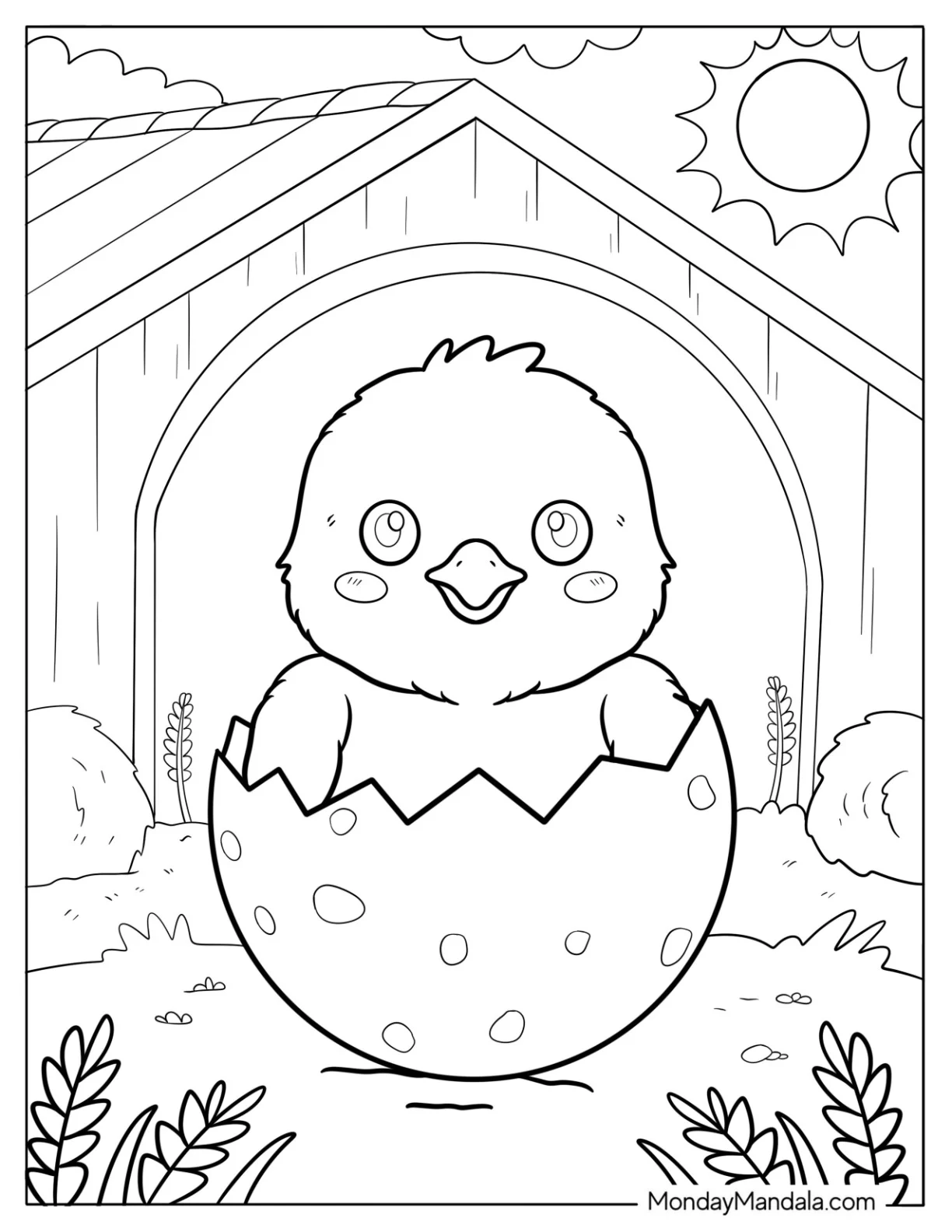 Baby Chick Hatching from Egg in Front of Barn Coloring Page for Preschoolers coloring page