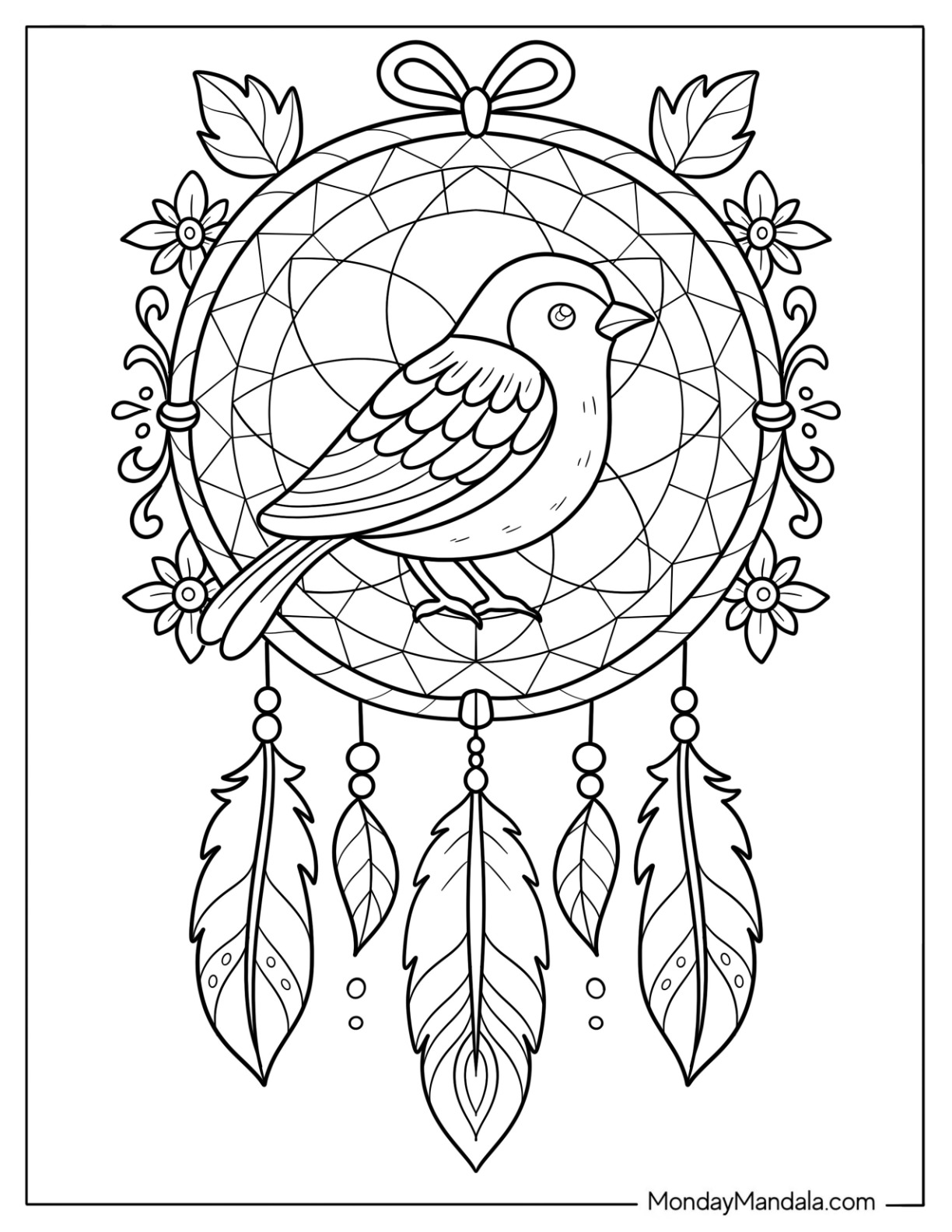 Bird Coloring Page of Bluebird Sitting in Floral Dreamcatcher with Hanging Feathers for Kids coloring page