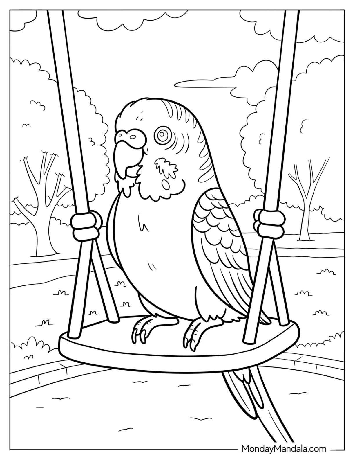 Bird Coloring Page of Budgie Parakeet Sitting on Playground Swing coloring page — printable line art
